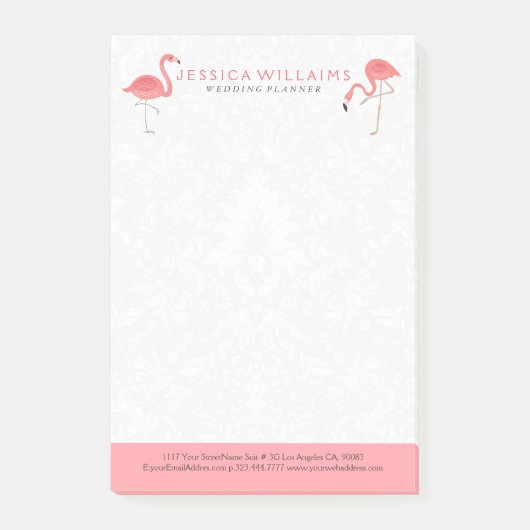 Cute pink Flamingo White Damasks Background Post-it Klebezettel (Vorderseite)