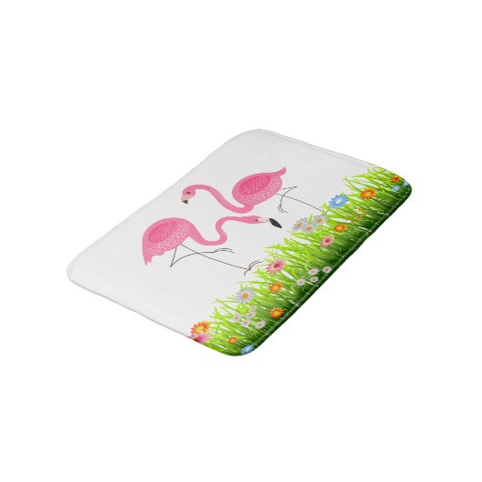 Cute Pink Flamingos & Spring Flowers Badematte (Schrägansicht)