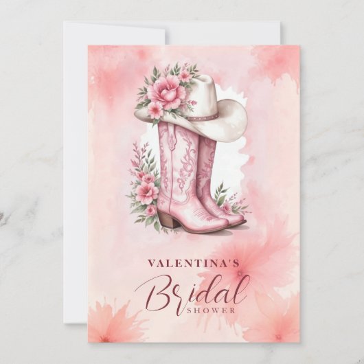 Cute Pink Floral Cowgirl Hat & Boots Bridal Shower Einladung (Vorderseite)