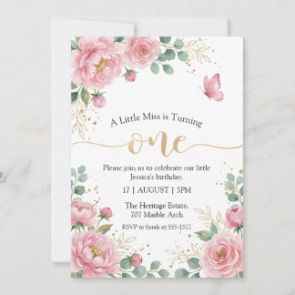 Cute Pink Floral First Girl Birthday Einladung