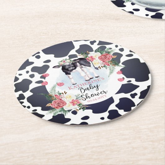 Cute Pink Floral Holy Cow Girl Baby Shower Runder Pappuntersetzer (Angewinkelt)