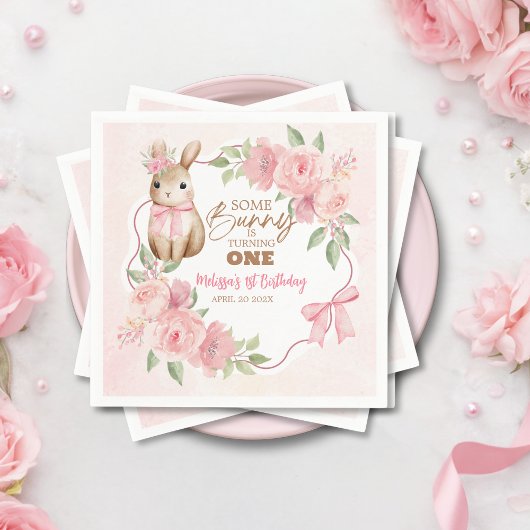 Cute Pink Floral Some Bunny Turning One Birthday  Serviette