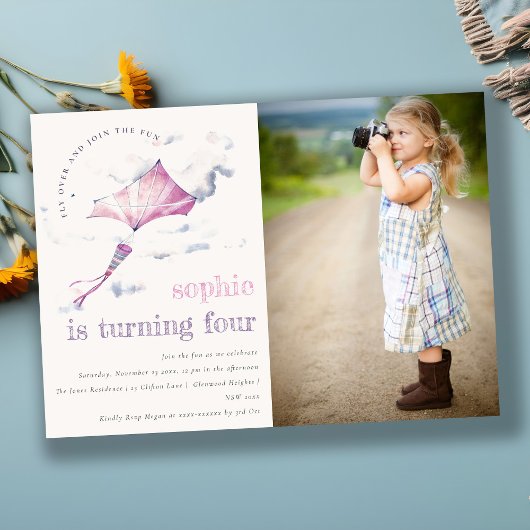 Cute Pink Flying Kite Sky Clouds Photo Birthday Einladung