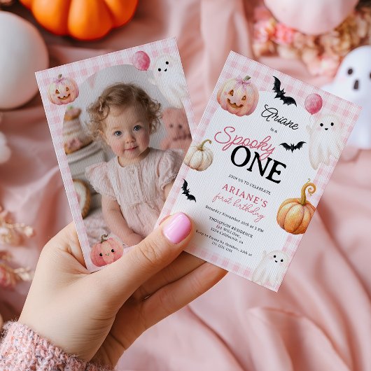 Cute Pink Gingham Spooky One Photo First Birthday Einladung
