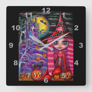 Cute Pink Hair Witch Doll Purple Castle Quadratische Wanduhr