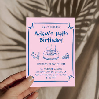 Cute Pink Hand-Drawn Cake 14th Birthday Party    Einladung