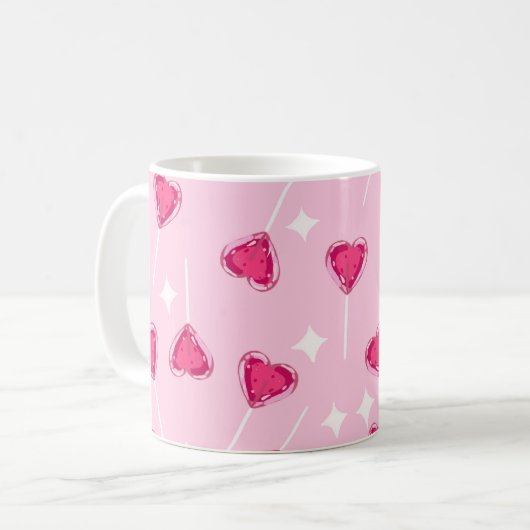 Cute Pink Heart Lollipop Seamless Pattern Kaffeetasse (Vorderseite Links)