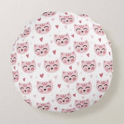 Cute Pink Kittens and Hearts Pattern for Kids Rundes Kissen (Vorderseite)