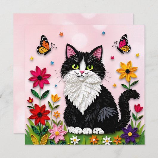 Cute Pink Kitty Cat in Flowers Einladung (Vorne/Hinten)