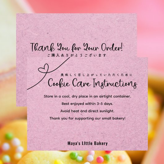 Cute Pink Kraft Heart Cookie Care Instructions Dankeskarte