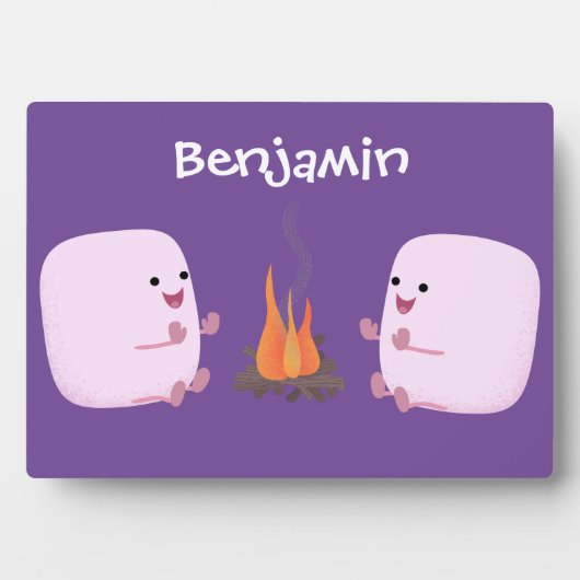 Cute pink marshmallows by camp fire cartoon fotoplatte (Vorderseite)
