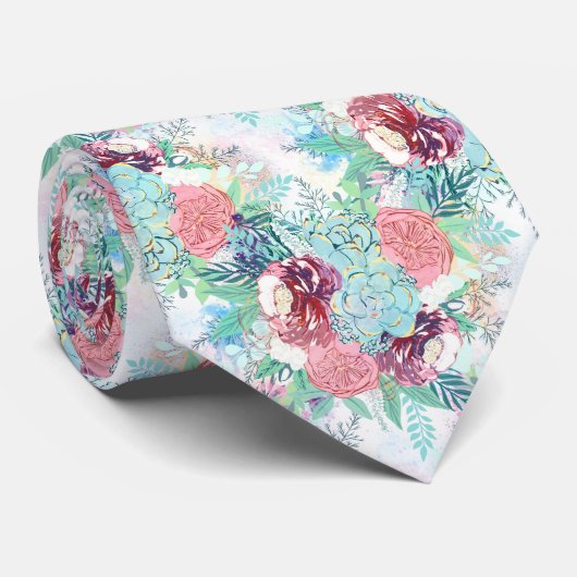 Cute Pink Mint Peony & Succulent Floral Hand Paint Krawatte (Gerollt)