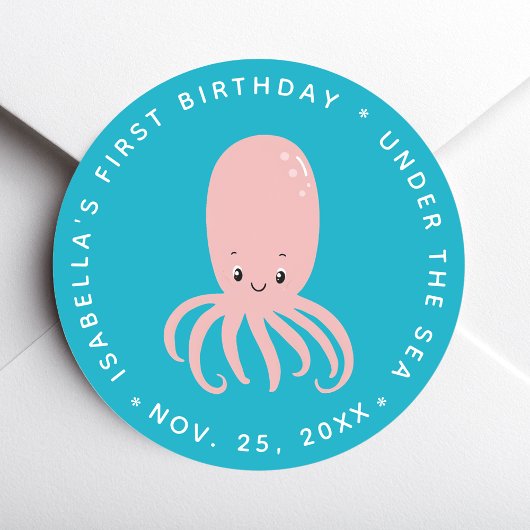 Cute Pink Octopus Under the Sea 1st Birthday Blue Runder Aufkleber