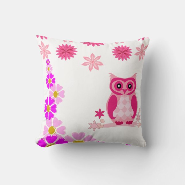 Cute Pink Owl Decorative White Throw Pillow Kissen (Vorderseite)