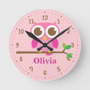 Cute Pink Owl on Branch Girls Wall Decor Clock Runde Wanduhr