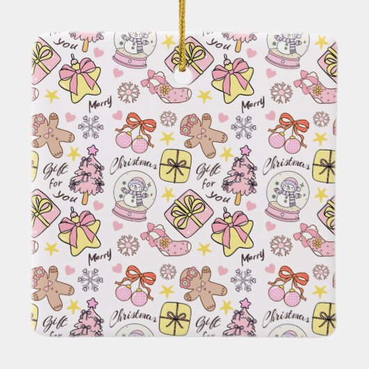 Cute Pink Pastel Christmas Pattern Photo Custom Keramikornament (Rückseite)