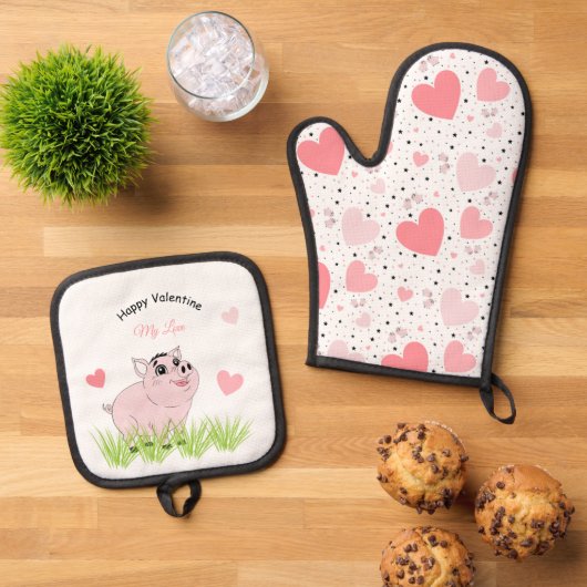 Cute pink pig for Valentine Ofenhandschuh & Topflappen-Set (Oben Unten)