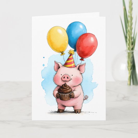 Cute Pink Pig with Cupcake Kid's Happy Birthday Karte (Vorderseite)