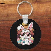 Cute Pink Plädoyer Pattern Easter Bunny Face Rabbi Schlüsselanhänger (Vorderseite)