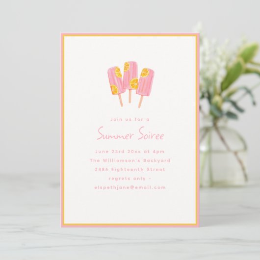 Cute Pink Popsicle Lemon Summer Soiree Party Einladung (Stehend Vorderseite)