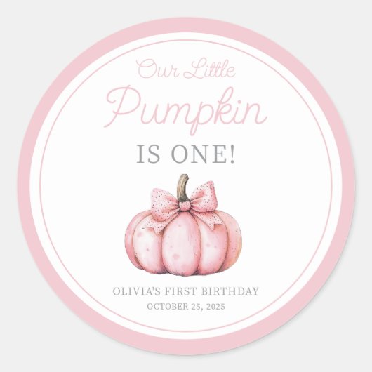 Cute Pink Pumpkin Girl First Birthday Runder Aufkleber (Vorderseite)