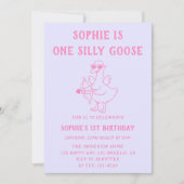 Cute Pink & Purple Silly Goose 1st Birthday Einladung (Vorderseite)