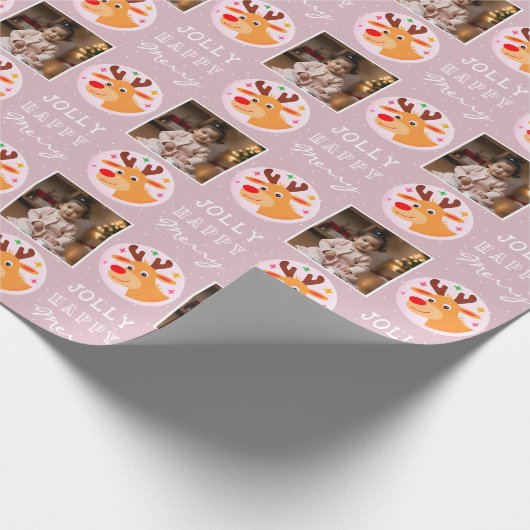 Cute Pink Reindeer Family Photo Christmas Geschenkpapier (Ecke)