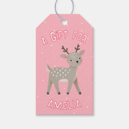 Cute Pink Reindeer Kid`s Name Christmas  Geschenkanhänger