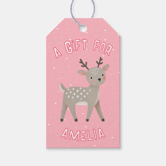 Cute Pink Reindeer Kid`s Name Christmas  Geschenkanhänger (Vorderseite)