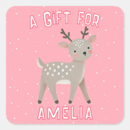 Cute Pink Reindeer Kid`s Name Christmas Gift Quadratischer Aufkleber