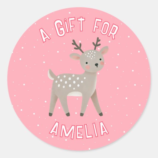 Cute Pink Reindeer Kid`s Name Christmas Gift Runder Aufkleber (Vorderseite)