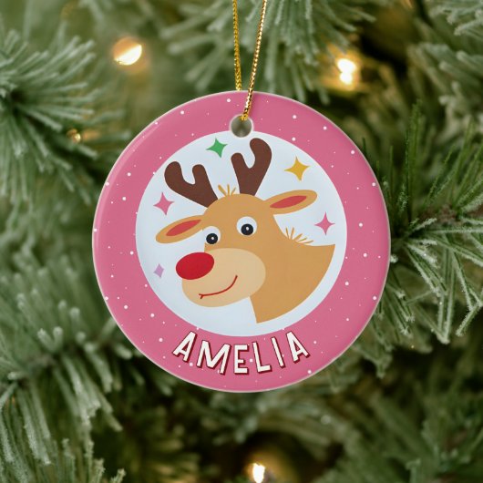 Cute Pink Reindeer Kid`s Name Christmas Keramik Ornament (Baum)