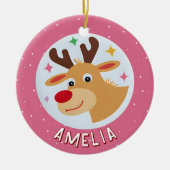 Cute Pink Reindeer Kid`s Name Christmas Keramik Ornament (Vorne)
