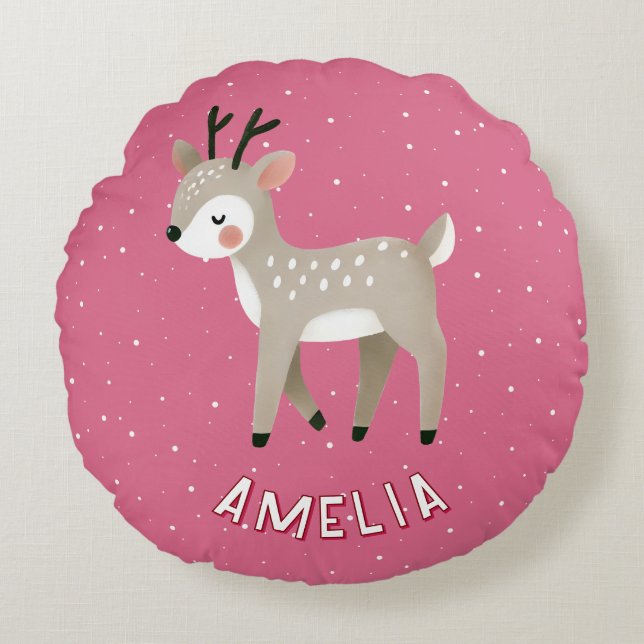 Cute Pink Reindeer Kid`s Name Christmas Rundes Kissen (Vorderseite)