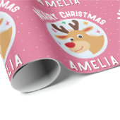 Cute Pink Reindeer Kid`s Name Merry Christmas Geschenkpapier (Rolleneckpunkt)