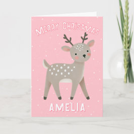 Cute Pink Reindeer Kid`s Name Merry Christmas Karte