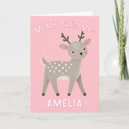 Cute Pink Reindeer Kid`s Name Merry Christmas Karte (Vorderseite)