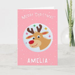Cute Pink Reindeer Kid`s Name Merry Christmas Karte