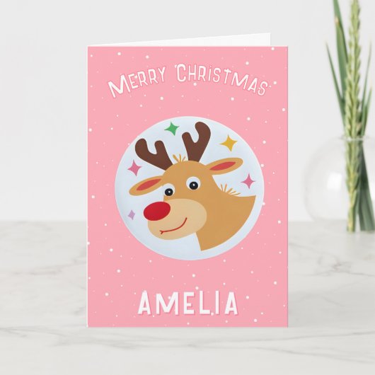 Cute Pink Reindeer Kid`s Name Merry Christmas Karte (Vorderseite)