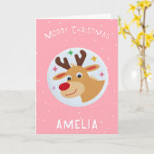 Cute Pink Reindeer Kid`s Name Merry Christmas Karte (Gelbe Blume)