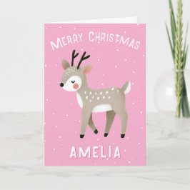Cute Pink Reindeer Kid`s Name Merry Christmas Karte