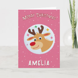 Cute Pink Reindeer Kid`s Name Merry Christmas Karte