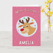 Cute Pink Reindeer Kid`s Name Merry Christmas Karte (Gelbe Blume)