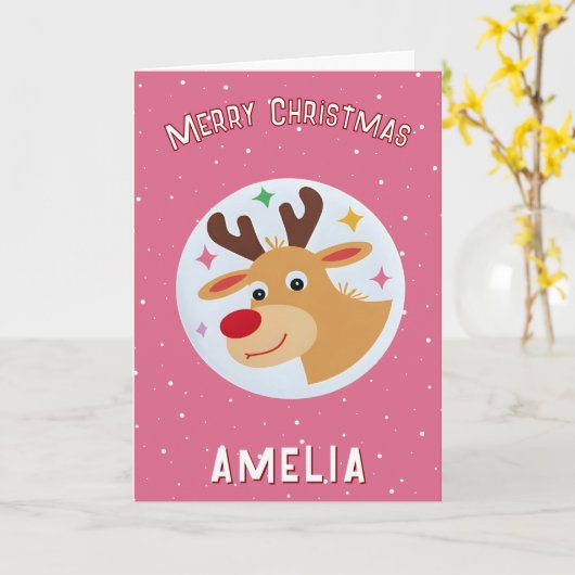 Cute Pink Reindeer Kid`s Name Merry Christmas Karte (Gelbe Blume)