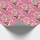 Cute Pink Reindeer Kid`s Name Photo Christmas Geschenkpapier (Ecke)