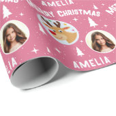 Cute Pink Reindeer Kid`s Name Photo Christmas Geschenkpapier (Rolleneckpunkt)