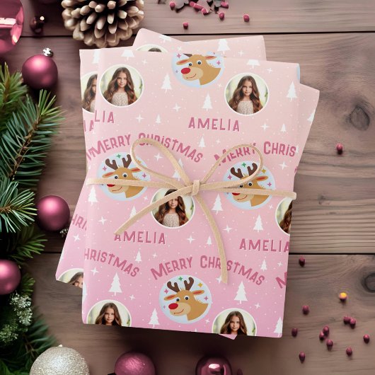 Cute Pink Reindeer Kid`s Name Photo Christmas Geschenkpapier Set