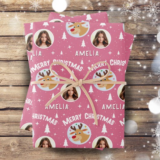 Cute Pink Reindeer Kid`s Name Photo Christmas Geschenkpapier Set