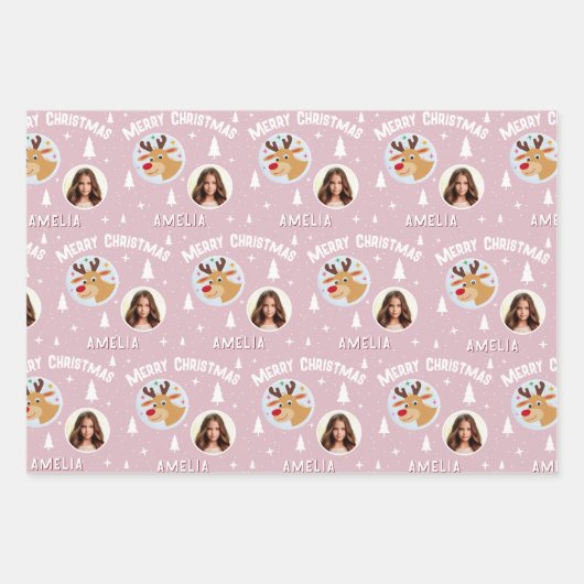 Cute Pink Reindeer Kid`s Name Photo Christmas Geschenkpapier Set (Vorderseite)