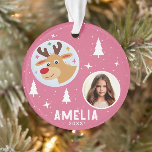 Cute Pink Reindeer Kid`s Name Photo Christmas Ornament (Baum)